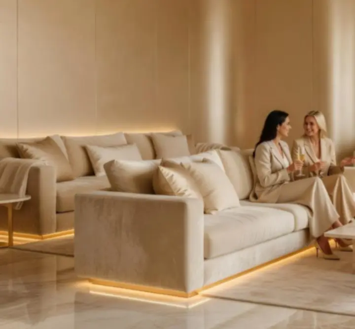 Elegáns lounge rész champagne árnyalatú belsővel és kényelmes ülőhelyekkel.