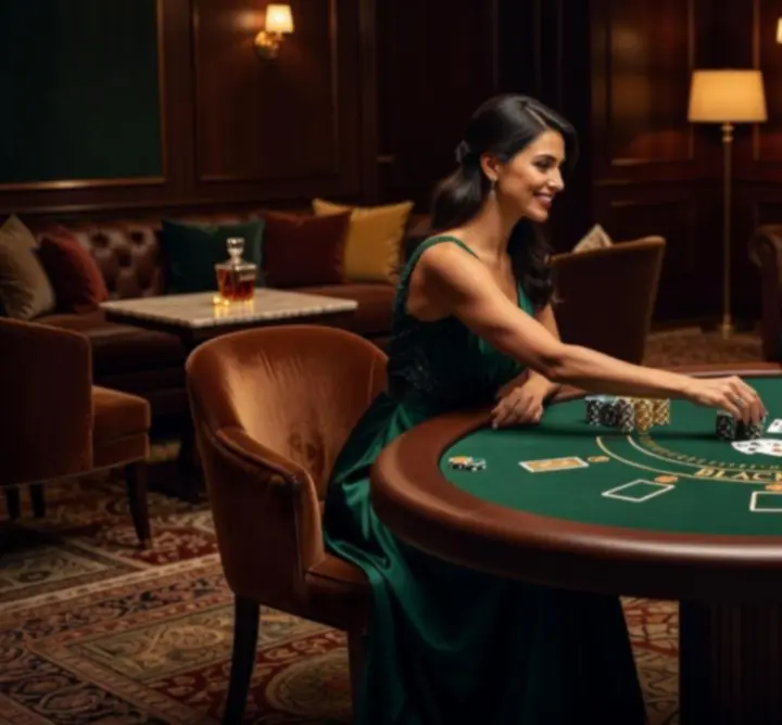 Kifinomult blackjack asztal meleg, hangulatos fényekkel és elegáns székekkel.