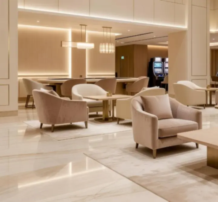 Elegáns, meleg fényekkel megvilágított GYUTAI-CARIER Kereskedelmi és Szolgáltató Korlátolt Felelősségű Társaság kaszinó belső tér, modern asztalokkal és lounge-résszel.